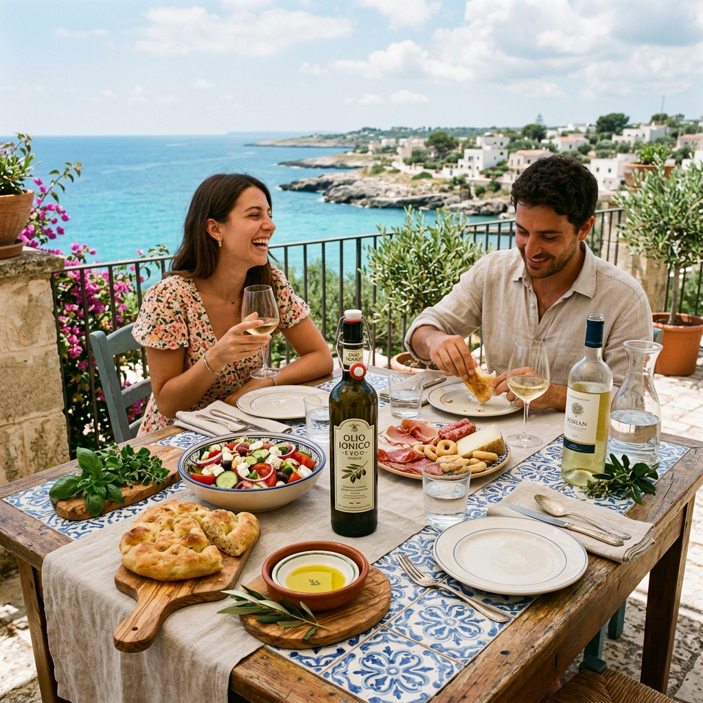 Couple dining outdoors with Mediterranean food and wine by the sea